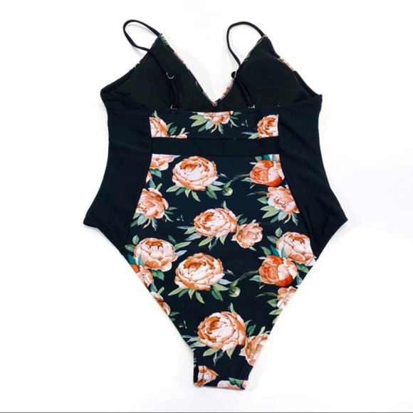 Cupshe Swim Cupshe Black Pink Rose Print One Piece Swimsuit Xl